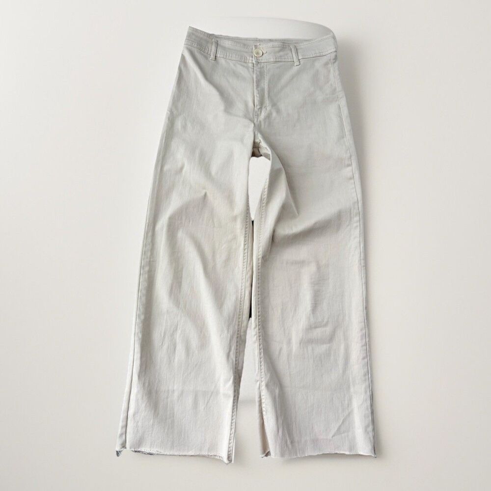 OAT New York Jeans Womens 10 Beige Hi Rise Wide Leg Pants Zip Raw Hem